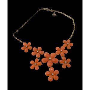 Retro Orange Floral Statement Necklace With Gold-Tone Chain And Rhinestone Accen
